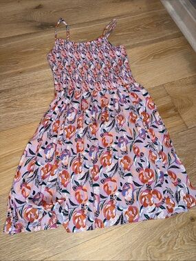 Angie Pink Floral Smocked Sundress with Orange Accents